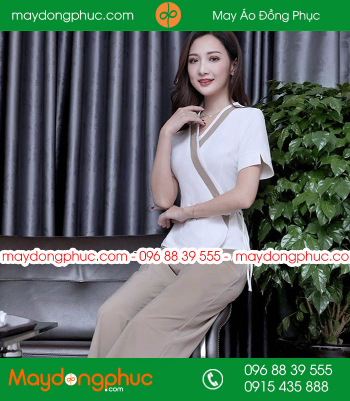 Quần áo đồng phục spa màu trắng phối ghi