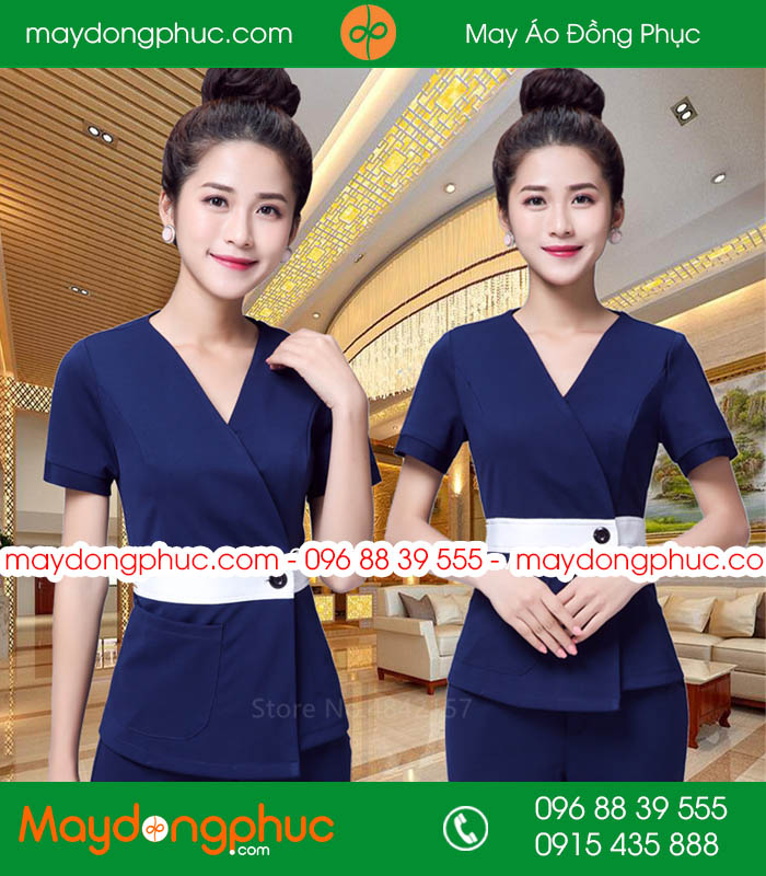 Quần áo đồng phục spa màu tím than đai trắng