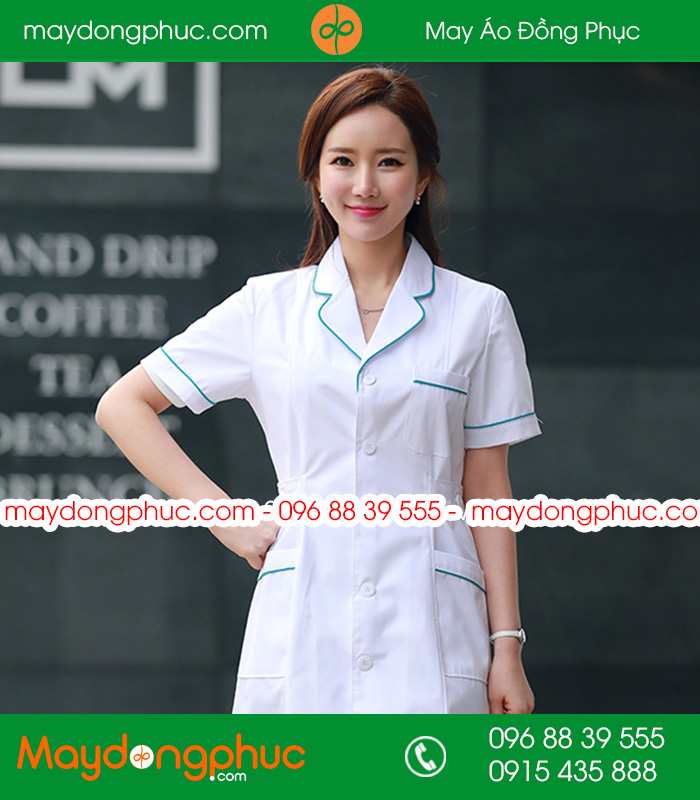Áo blouse đồng phục y tá - Bác sĩ màu trắng viền xanh