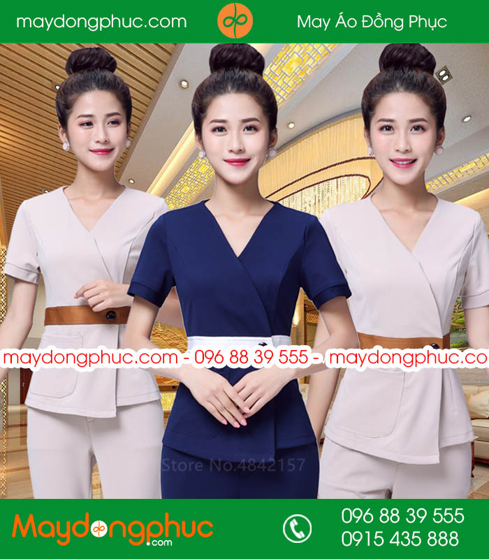 Quần áo đồng phục spa màu tím than và hồng nhạt