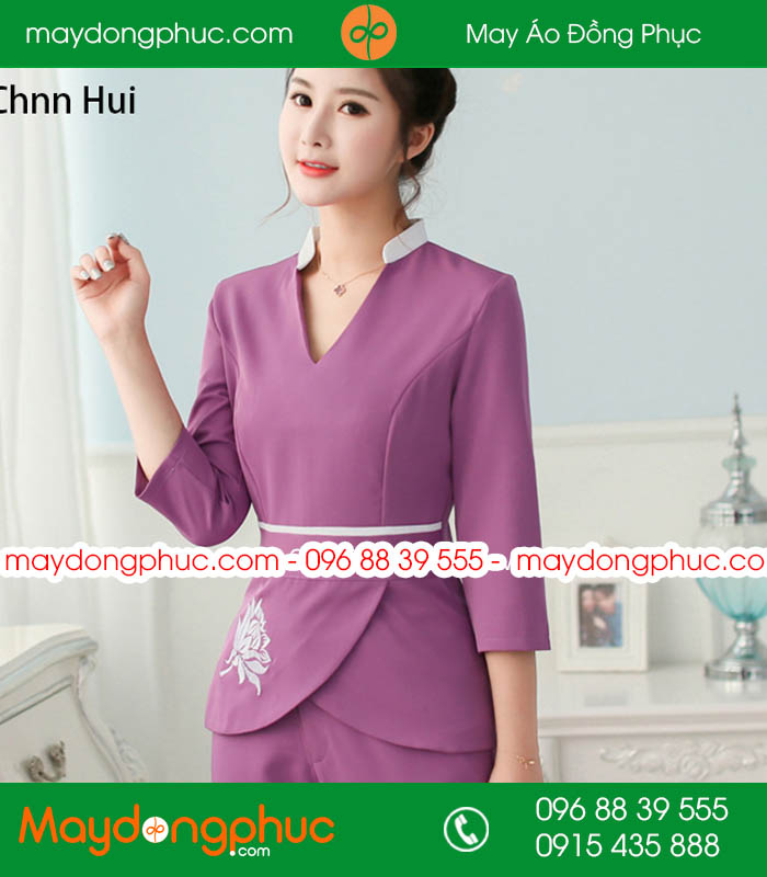 Quần áo đồng phục spa màu tím cổ trắng