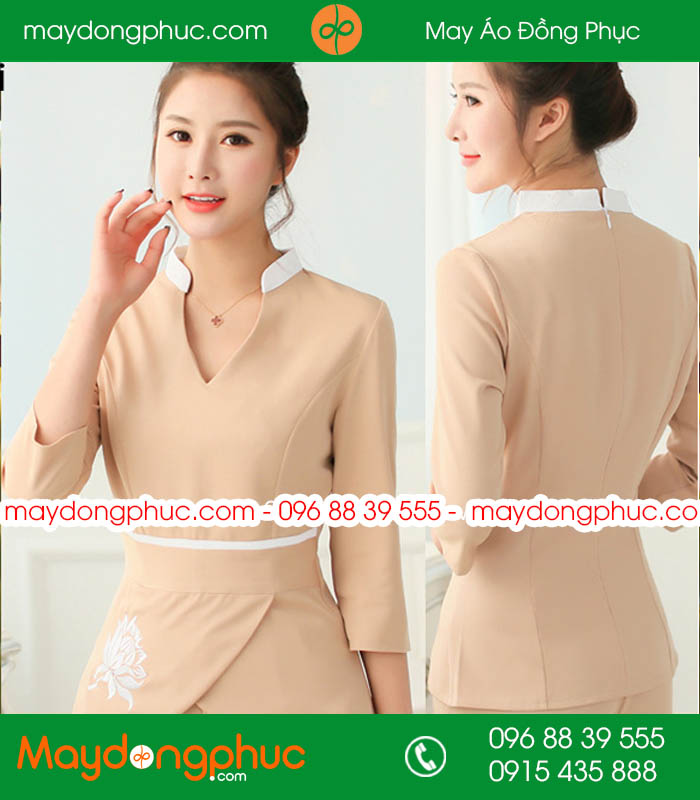 Quần áo đồng phục spa màu hồng nhạt cổ trắng