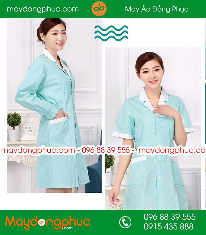 Áo blouse đồng phục y tá - Bác sĩ màu xanh nhạt cổ trắng