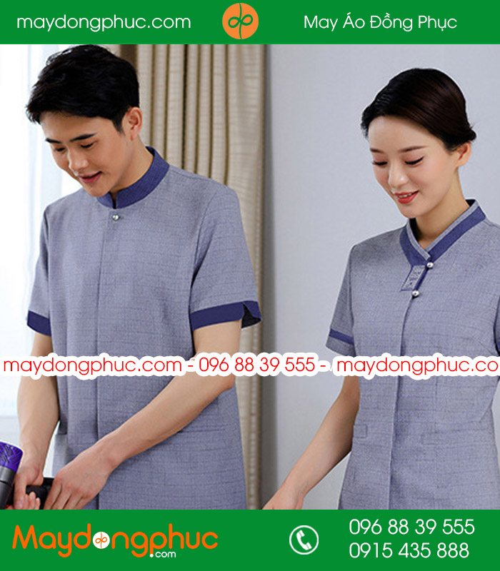 Quần áo đồng phục vệ sinh màu ghi viền cổ xanh đậm