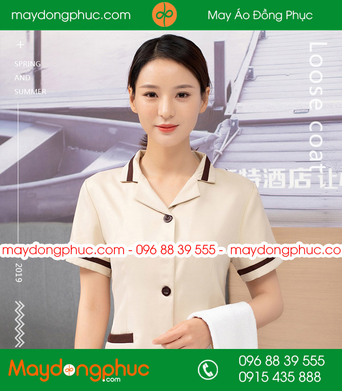Quần áo đồng phục vệ sinh màu hồng đào viền nâu