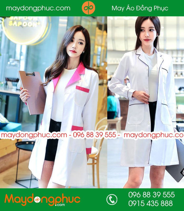 Áo blouse đồng phục y tá - Bác sĩ màu trắng cổ hồng