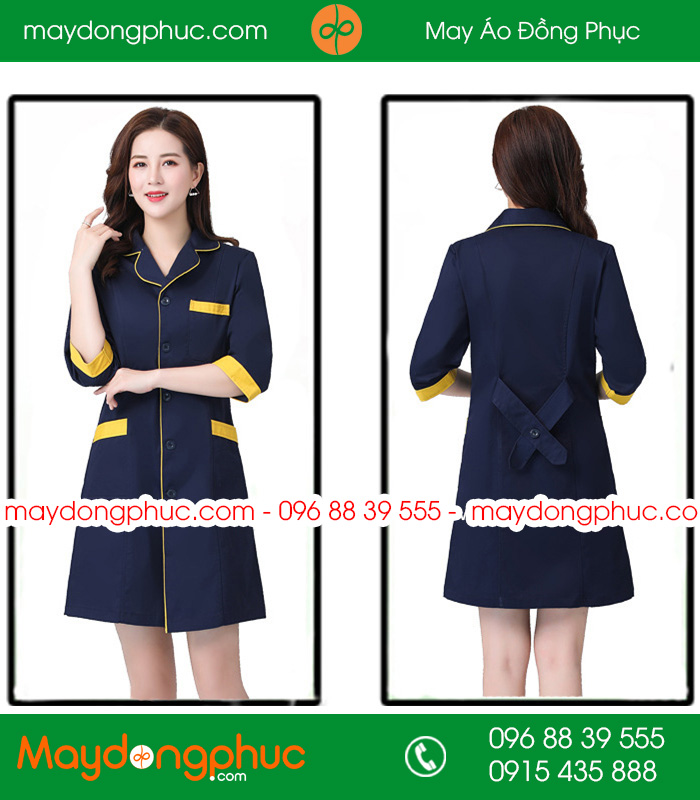 Áo blouse đồng phục y tá - Bác sĩ màu tím than viền vàng