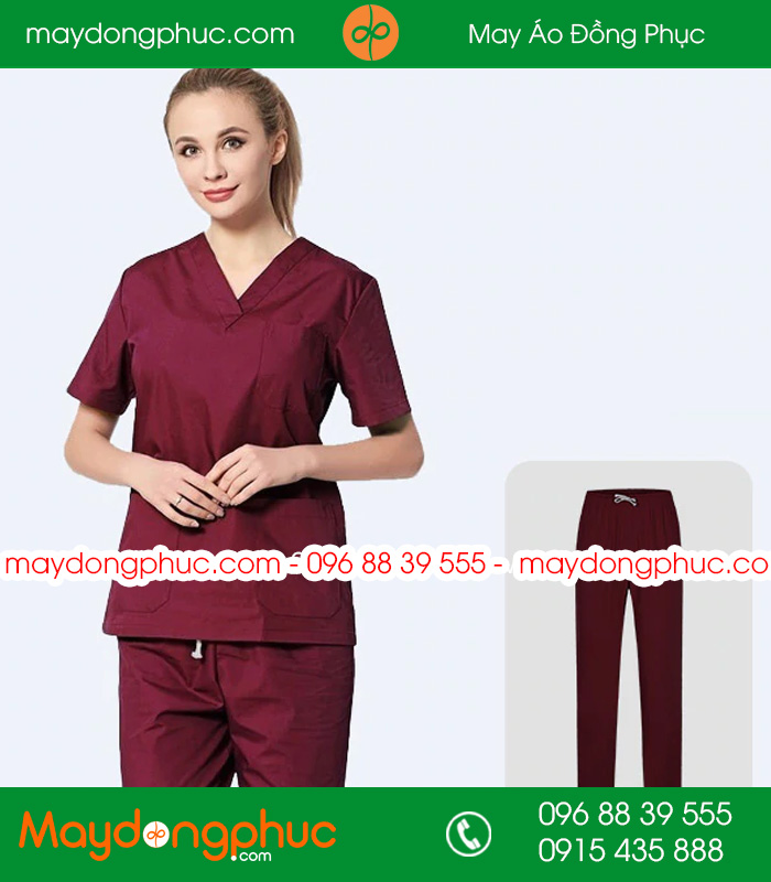 Quần áo đồng phục y tá  màu đỏ đô