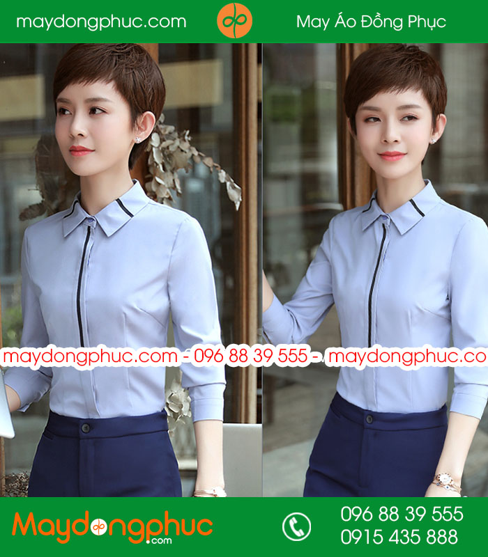  Đồng phục áo sơ mi màu xanh dương kẻ đen