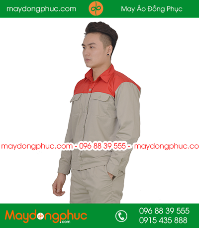 Quần áo công nhân may sẵn màu ghi phối đỏ