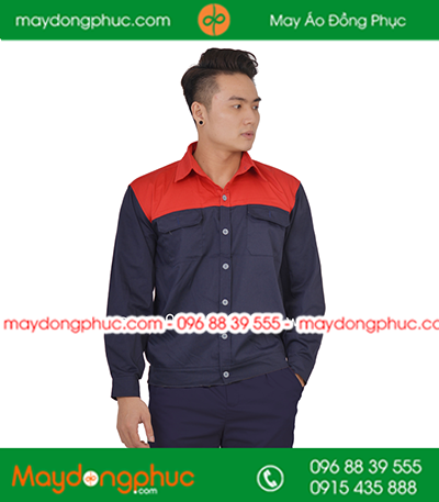 Quần áo công nhân may sẵn màu Tím than phối Đỏ