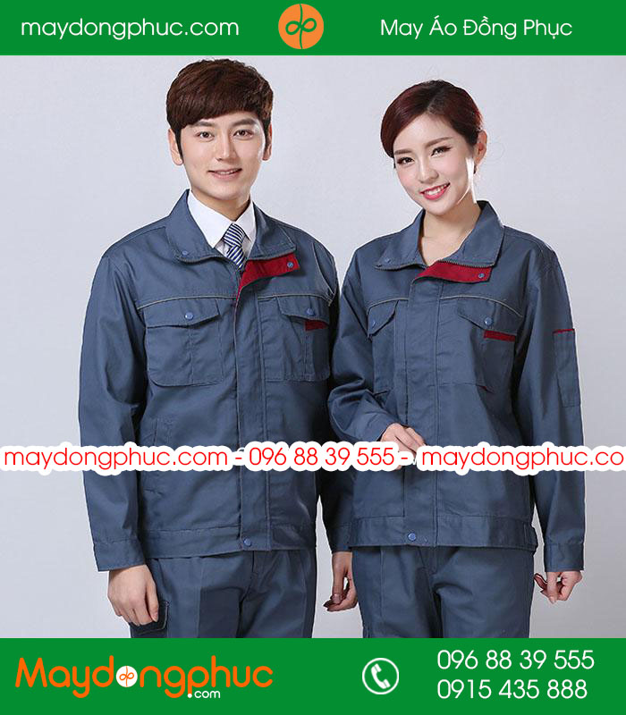 Mẫu áo đồng phục kỹ sư - công nhân màu xanh đậm phối đỏ đô