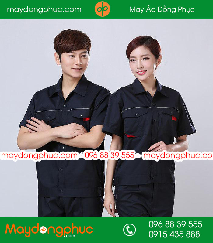 Mẫu áo đồng phục kỹ sư - công nhân màu tím than phối đỏ cộc tay