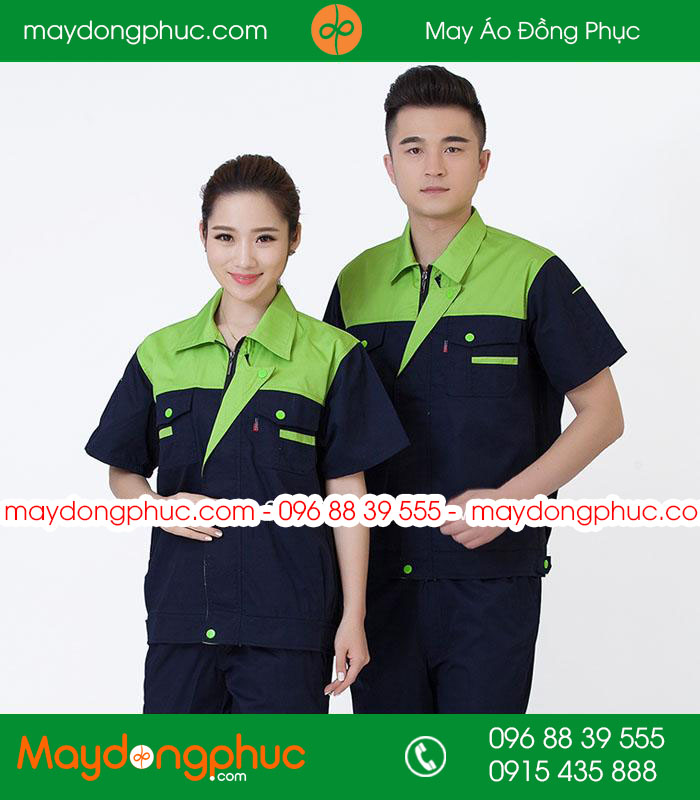 Mẫu áo đồng phục kỹ sư - công nhân màu tím than phối xanh lá cộc tay