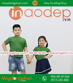 Áo phông trẻ em cổ tròn màu xanh lá