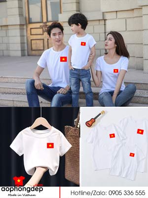 May áo thun màu trắng in hình lá cờ đỏ