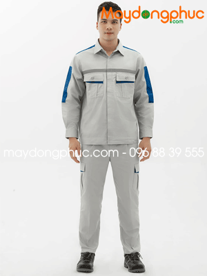 May đồng phục bảo hộ màu ghi sáng phối xanh YA