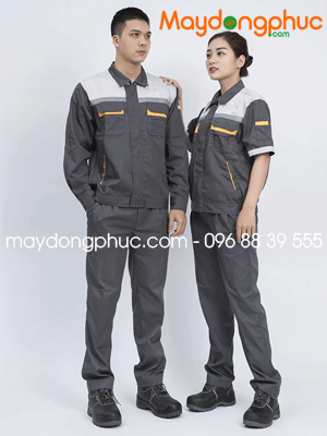 May đồng phục bảo hộ màu xám đậm phối vàng