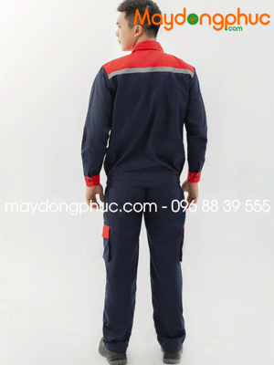 May đồng phục bảo hộ màu xanh đen phối cam
