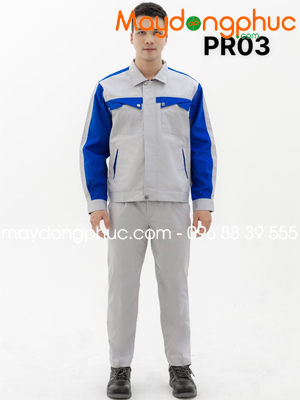 May đồng phục bảo hộ màu xám phối xanh dương