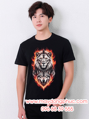 May áo phông In hình đầu sư tử - sói lửa