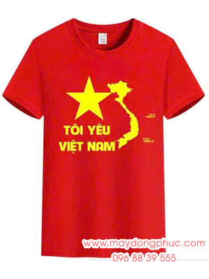May Áo cờ đỏ sao vàng in Tôi yêu Việt Nam cùng hình bản đồ chữ S