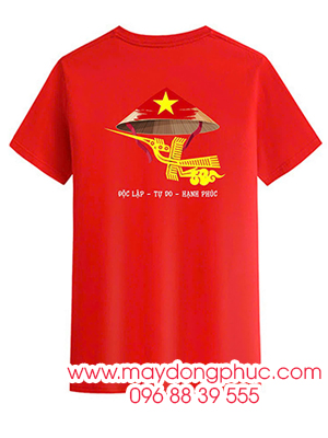 May Áo phông cờ đỏ sao vàng in cùng hình nón lá - Độc lập - Tự do - Hạnh phúc