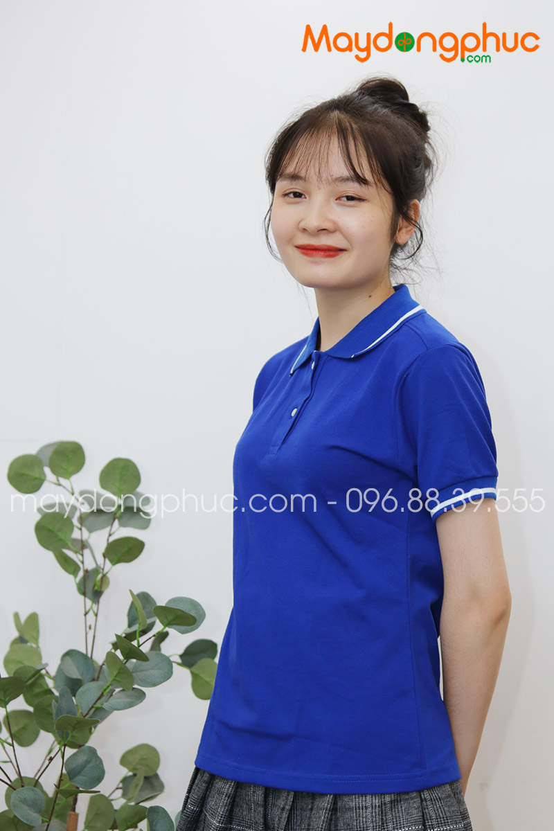 Áo thun polo màu xanh dương viền trắng | Ao phong