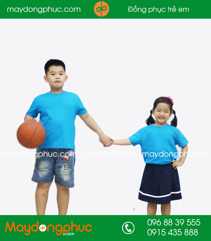 Áo phông trẻ em cổ tròn màu xanh bích | Ao phong tre em