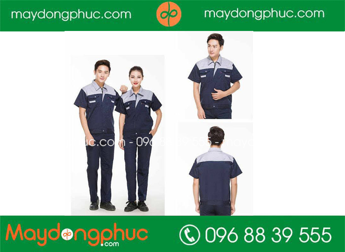 May đồng phục bảo hộ màu xanh than phối ghi | May dong phuc bao ho
