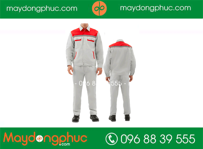 May quần áo bảo hộ lao động màu ghi phối đỏ | May dong phuc bao ho