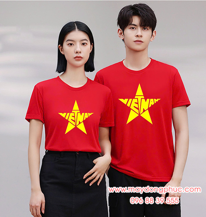 May Áo Cờ Đỏ In chữ Việt Nam cách điệu trong ngôi sao vàng | May ao co do sao vang