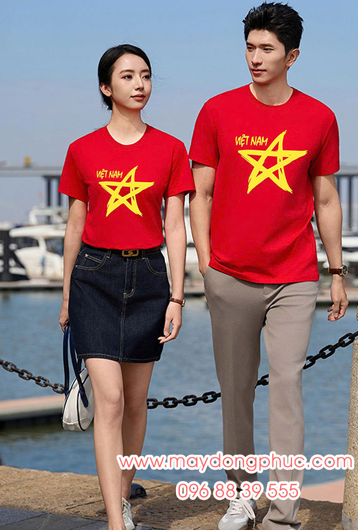 May Áo cờ đỏ In chữ Việt nam cùng ngôi sao vàng | May ao co do sao vang