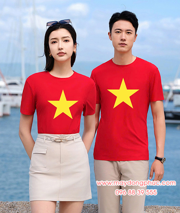 May Áo cờ đỏ in ngôi sao vàng lên mặt trước | May ao co do sao vang