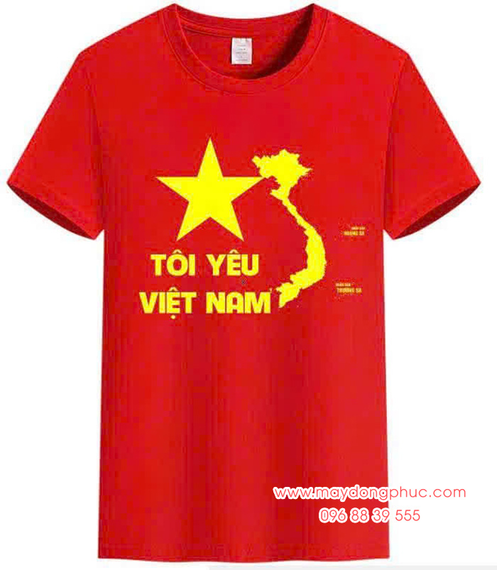 May Áo cờ đỏ sao vàng in Tôi yêu Việt Nam cùng hình bản đồ chữ S | May ao co do sao vang
