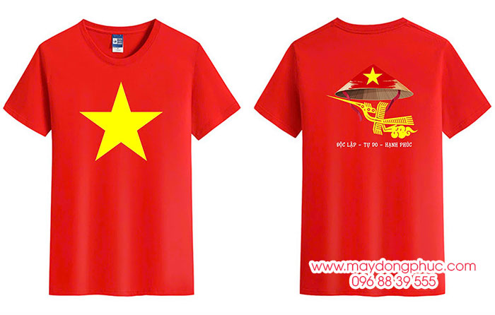 May Áo phông cờ đỏ sao vàng in cùng hình nón lá - Độc lập - Tự do - Hạnh phúc | May ao co do sao vang