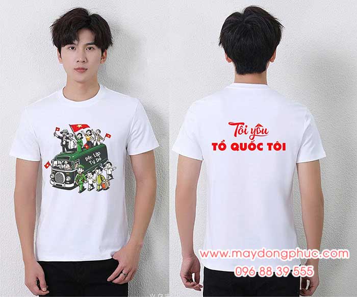 May Áo phông màu trắng In Tôi yêu Tổ quốc tôi | May ao co do sao vang