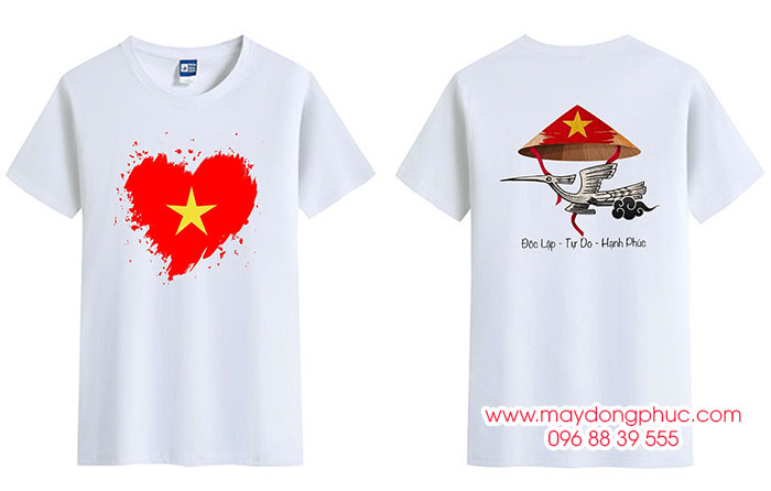 May Áo phông màu trắng In lá cờ hình trái tim cùng với nón lá - Độc lập - Tự do - Hạnh phúc | May ao co do sao vang