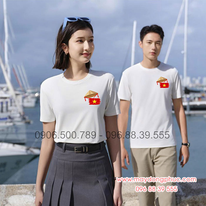 May Áo phông màu trắng in hình lá cờ đỏ cùng với nón lá | May ao co do sao vang