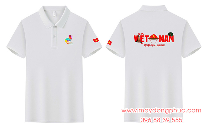 May Áo polo màu trắng Nhà hát tuổi trẻ Việt Nam - Độc lập - Tự do - Hạnh Phúc | May ao co do sao vang