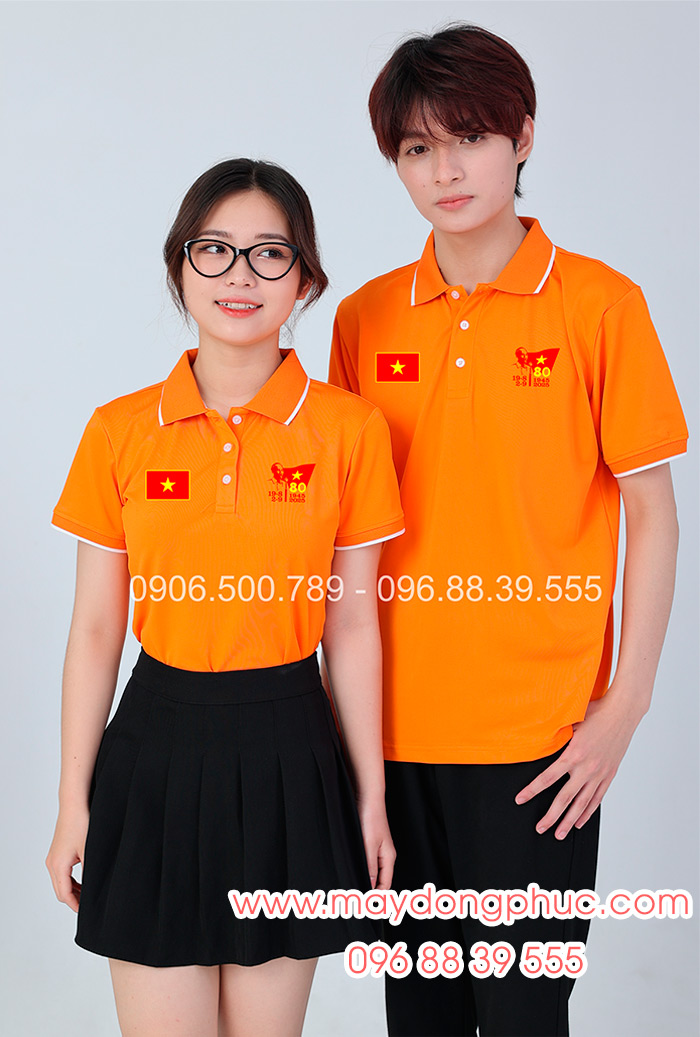 May áo màu cam In lá cờ đỏ sao vàng kỉ niệm 80 năm Cách mạng tháng 8 - Quốc Khánh 2-9 | May ao phong dong phuc