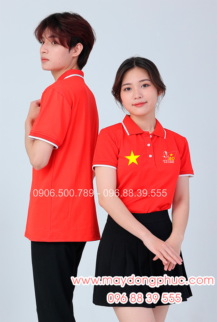 May áo màu đỏ In lá cờ đỏ sao vàng kỉ niệm 80 năm Cách mạng tháng 8 - Quốc Khánh 2-9 | May ao phong dong phuc