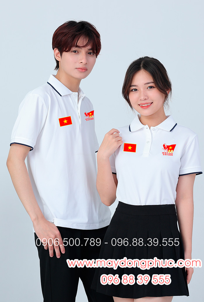 May áo màu trắng In lá cờ đỏ sao vàng kỉ niệm 80 năm Cách mạng tháng 8 - Quốc Khánh 2-9 | May ao phong dong phuc