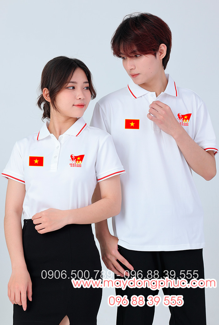 May áo màu trắng In lá cờ đỏ sao vàng kỉ niệm 80 năm Cách mạng tháng 8 - Quốc Khánh 2-9 | May ao phong dong phuc