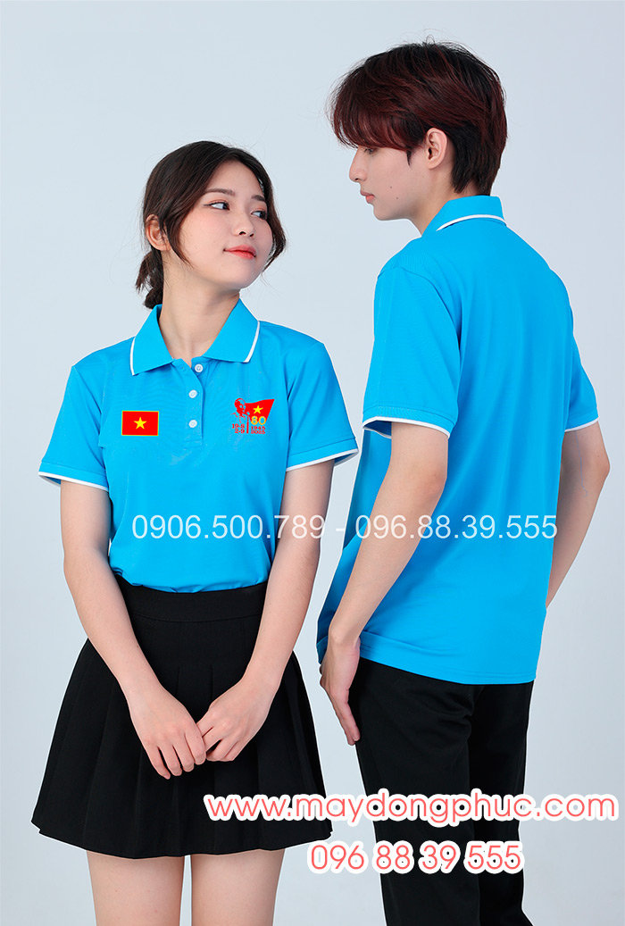 May áo màu xanh YA In lá cờ đỏ sao vàng kỉ niệm 80 năm Cách mạng tháng 8 - Quốc Khánh 2-9 | May ao phong dong phuc