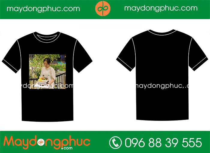 May áo cổ tròn màu đen in ảnh lên áo | May ao phong dong phuc