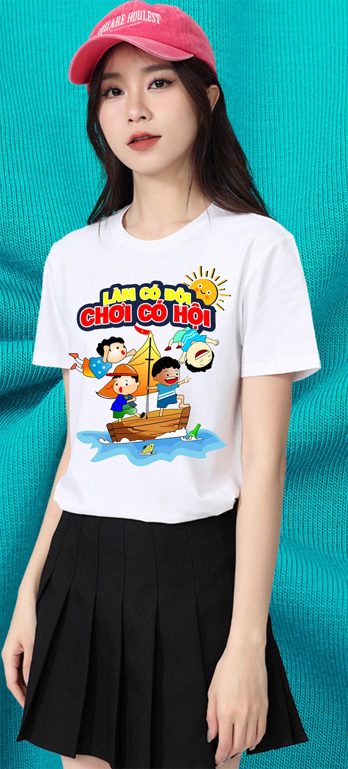May áo phông cổ tròn Làm có đội Chơi có hội | May ao phong dong phuc