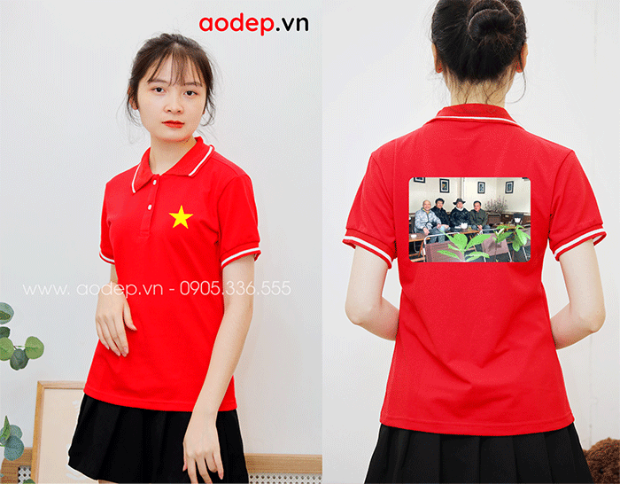 May áo phông màu đỏ hình cờ đỏ sao vàng | May ao phong dong phuc
