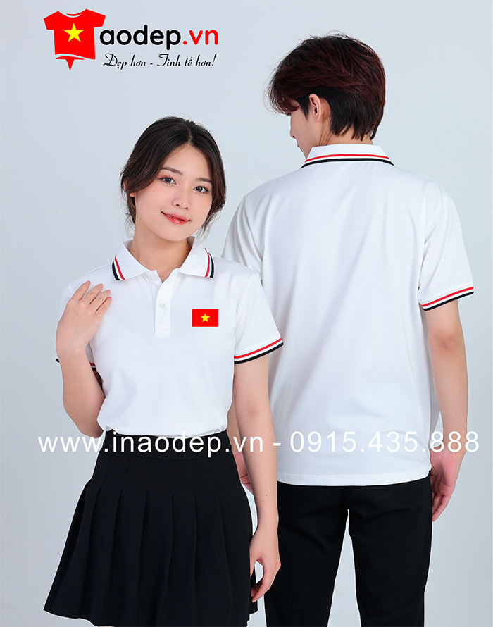 May áo phông màu trắng hình lá cờ Tổ quốc | May ao phong dong phuc