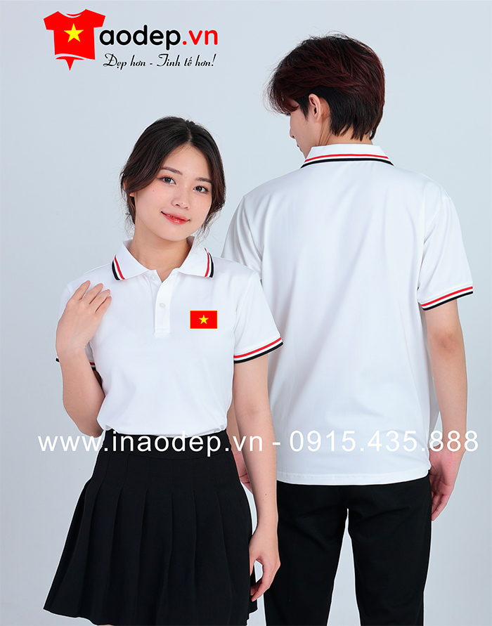 May áo phông màu trắng hình sao vàng | May ao phong dong phuc